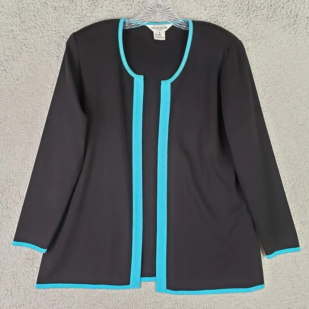 Exclusively Misook Cardigan Knit Women’s Size Large Petite Black Open Front